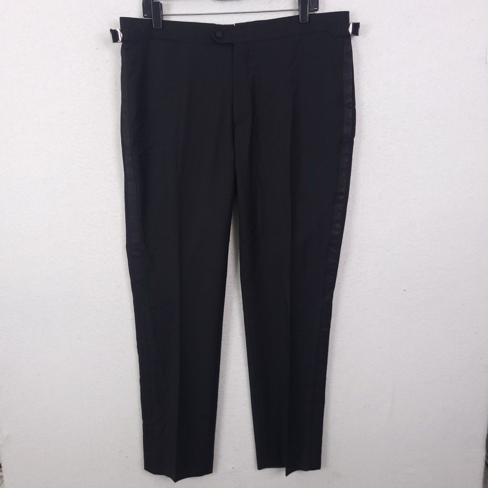 Proper Cloth Tuxedo Trousers Mens 36x30 Black S110s Wool Satin Stripe Formal